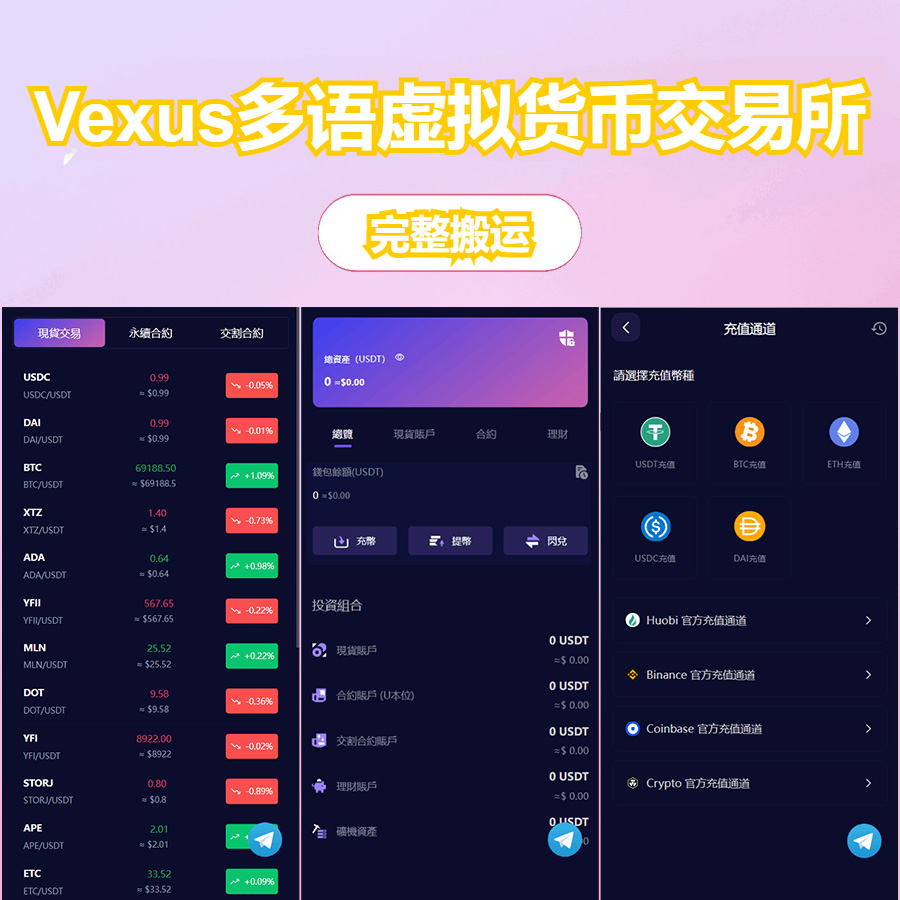 Vexus多语言虚拟货币交易所/java交易所源码/模拟账户+现货交易+永续合约+交割合约+基金理财+锁仓挖矿+质押贷款+闪兑-逸云源码网